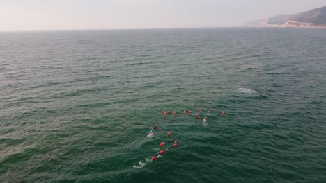 group of swimmers in a formation at castelldefels beach, barcelona, calm sea, aerial view