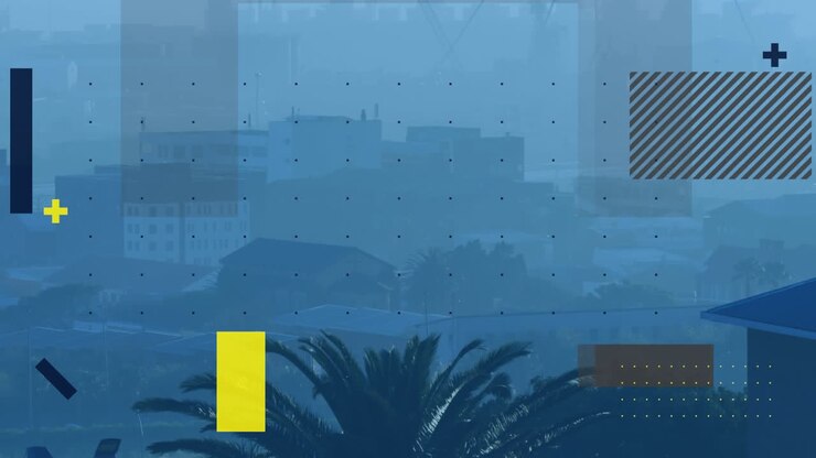 Animation of bars, lines forming rectangle and dots over fog covered modern city in background