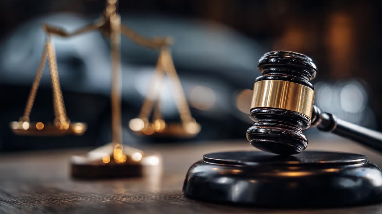 Un primo piano drammatico di un martelletto che poggia su un blocco di legno accanto a una bilancia, a simboleggiare giustizia e procedimenti legali in un'aula di tribunale