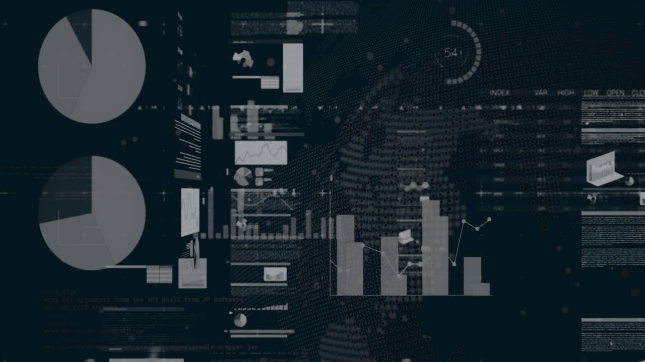 animación de múltiples gráficos y tablero de negociación en todo el mundo contra fondo negro