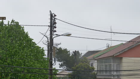 view of a street lamp on a day of rain and wind