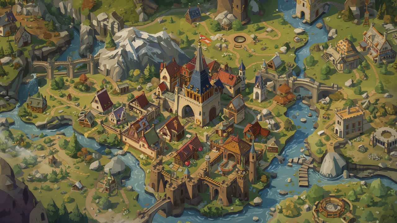 Zooming aerial camera pulling view toward rocky island medieval keep, focusing on spire and bridges