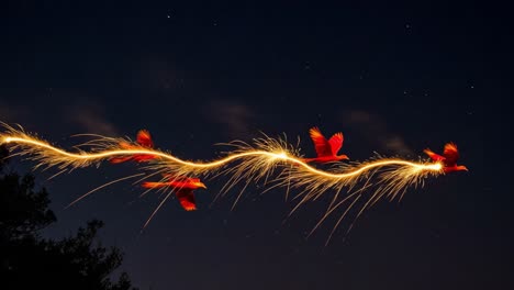 A Stunning Visual Symphony of Graceful Birds in Flight, Enhanced by Sparkling Trails of Light against a Starry Night Sky, Evoking a Sense of Wonder and Enchantment