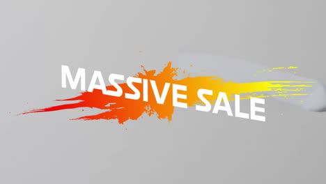 animation of massive sale text in white over orange shapes and paint splash on grey background