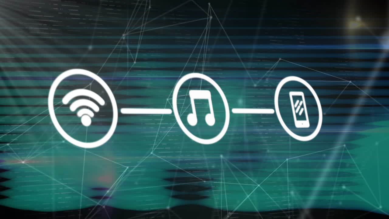 Animazione di rete di connessioni con icone e interferenza su sfondo nero