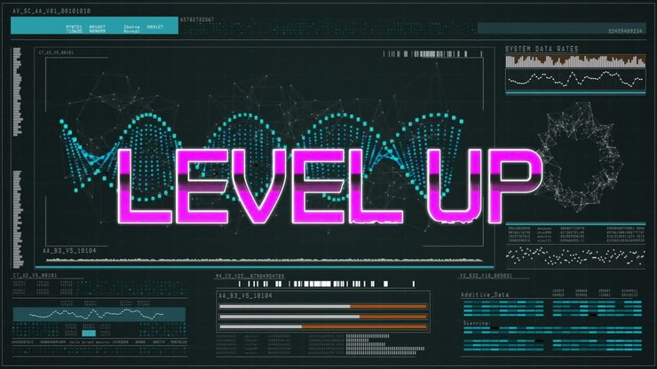Animation of level up text over digital interface