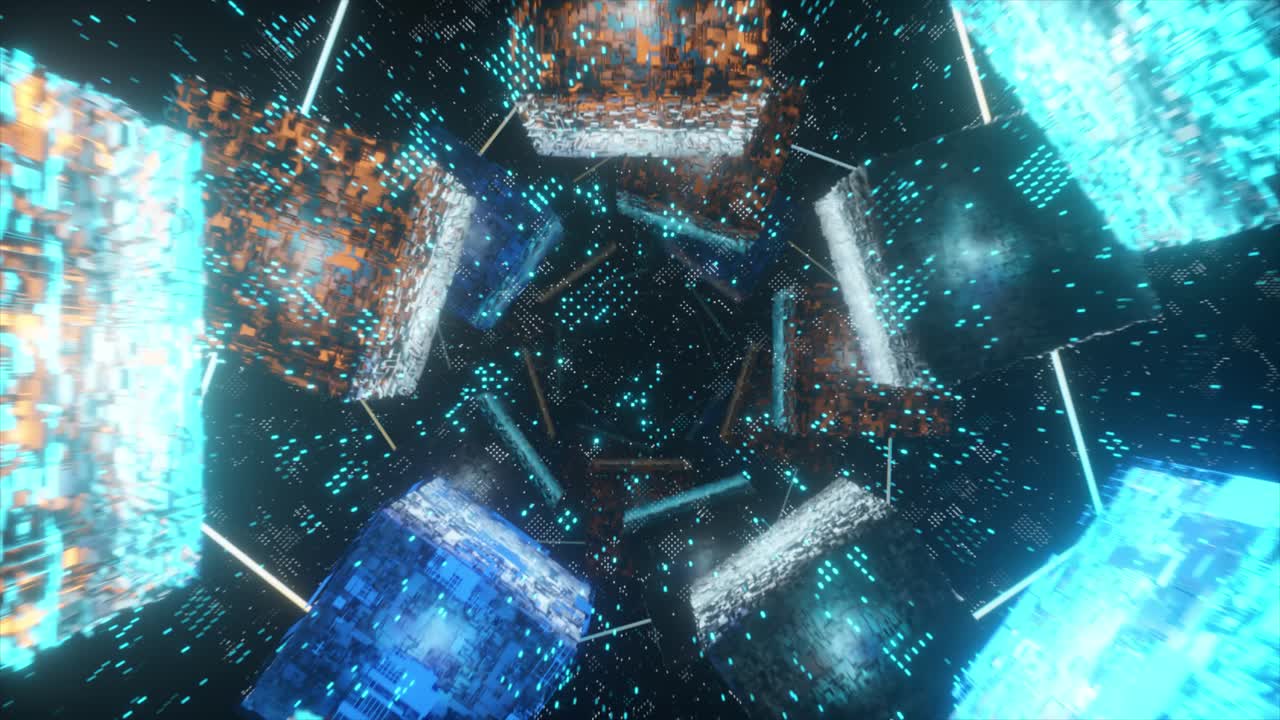 빛나는 큐브가 있는 추상적인 미래의 터널