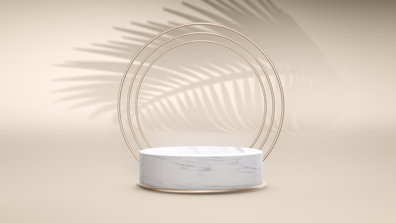Loop di un podio in marmo con cornice dorata e ombra di palma ondeggiante