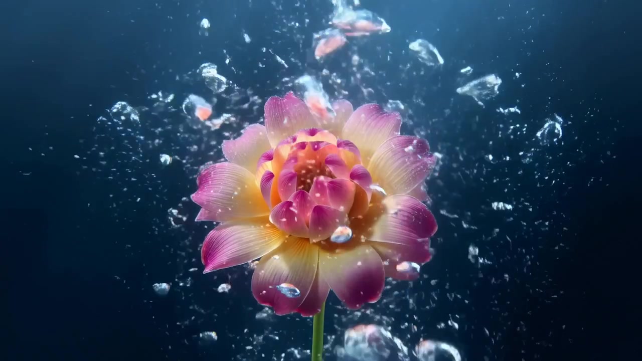 Fiore rosa delicato sommerso nell'acqua, centro giallo radioso circondato da bolle che salgono lentamente e morbido.