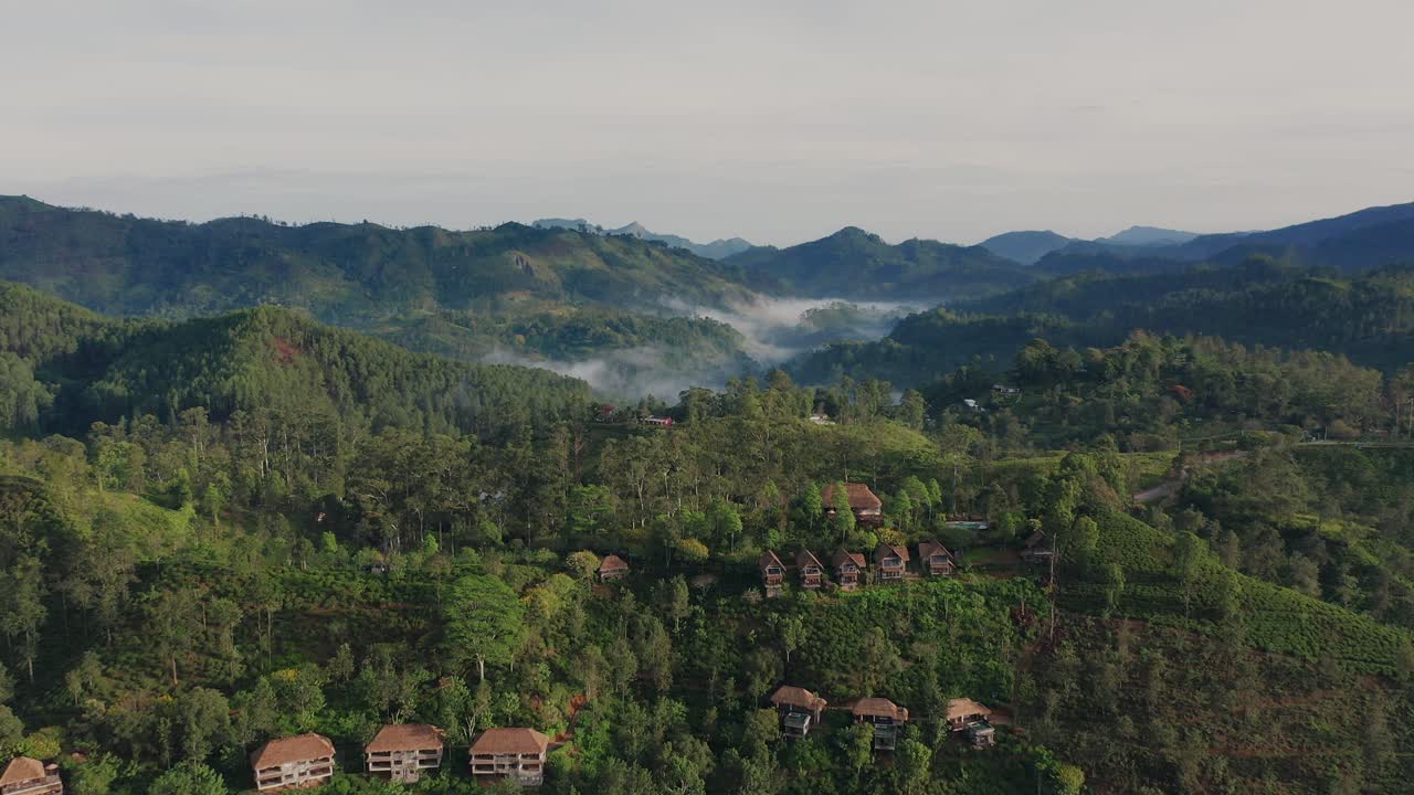 aerial del exuberante bosque tropical en sri lanka con resorts aislados revelando el puente de nueve arcos, ella