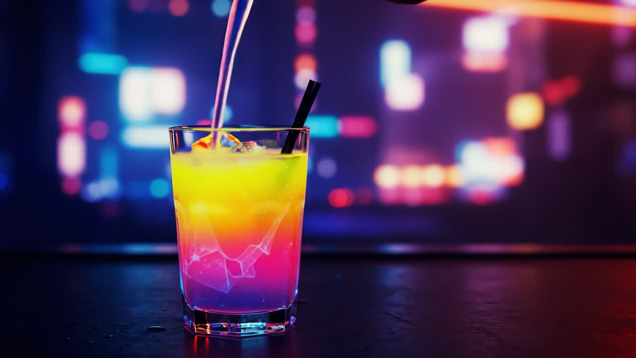 A Vibrant, Colorful Drink Captured in a Neon Atmosphere, Showcasing the Dynamic Shift from a Smooth Blue to Electric Yellow, Perfect for Nightlife Enthusiasts