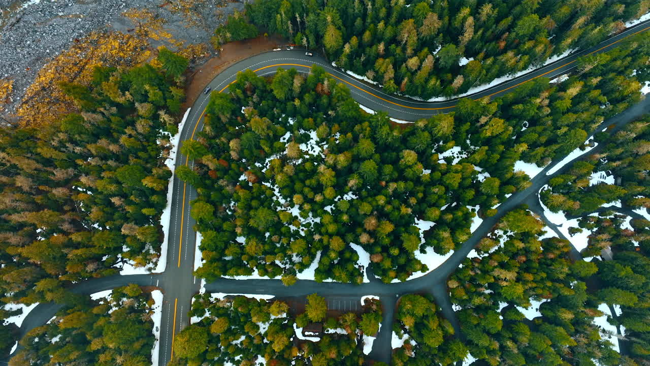 Two asphalt roads cross in the pine-tree forest in winter. Aerial perspective on the Mount Rainer National park, Washington State, the USA.