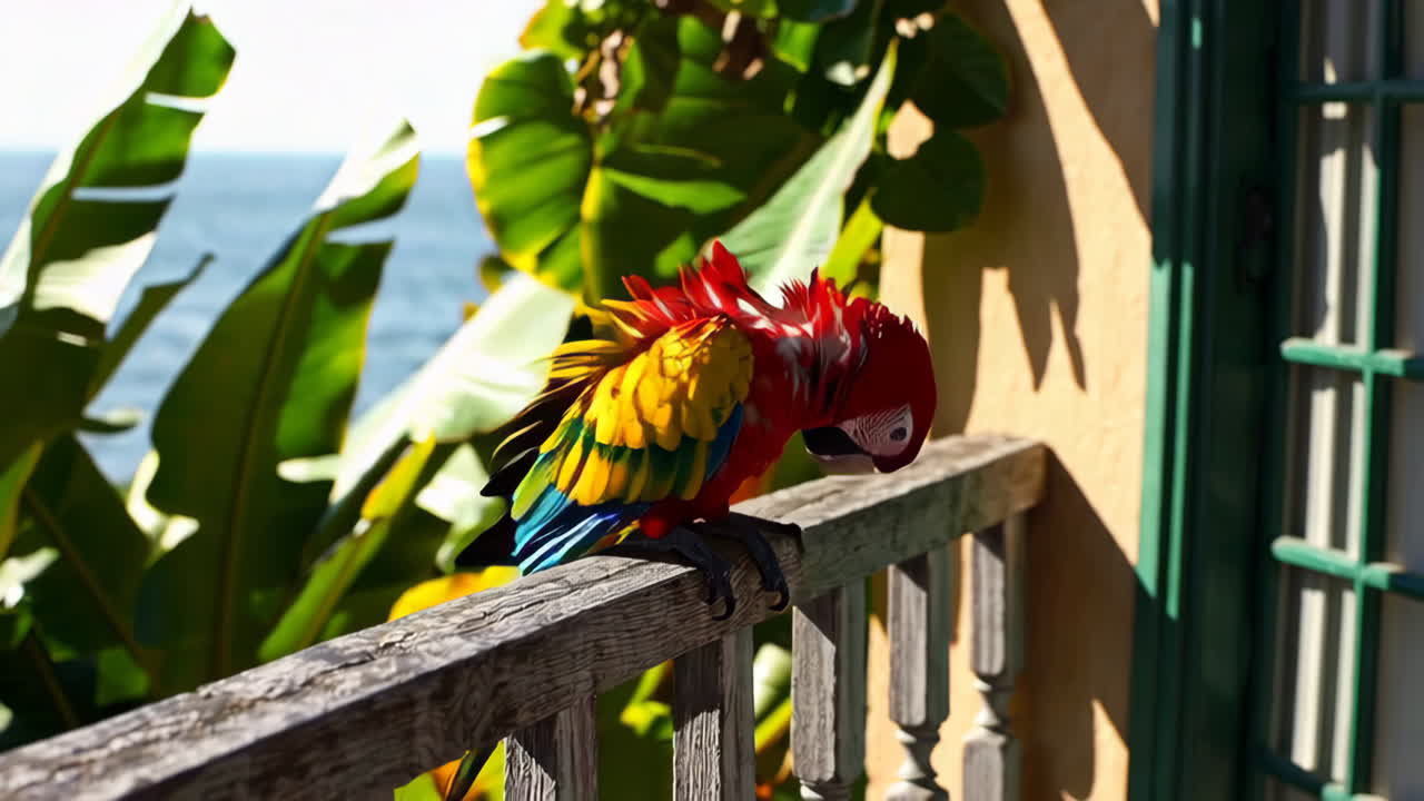 Colorful Macaw on a Balcony with Ocean View