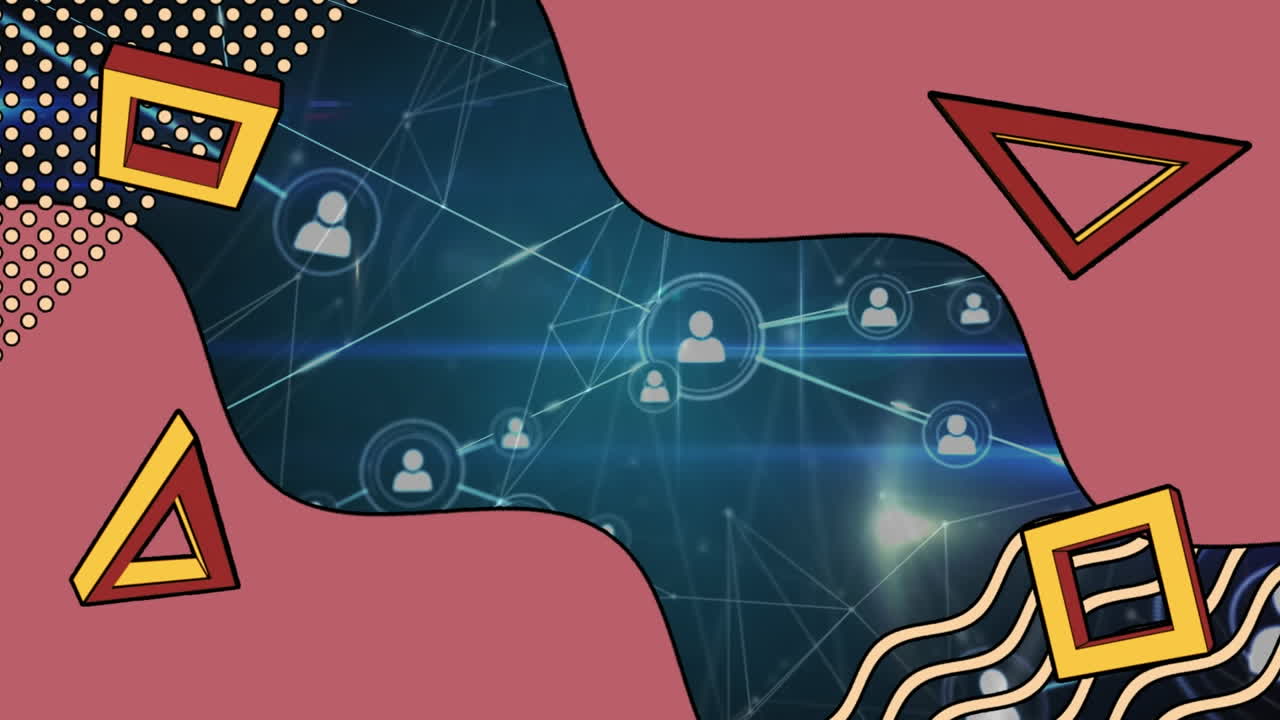 animación de movimiento de primer plano rosa y formas sobre la red de conexiones y iconos de personas en negro