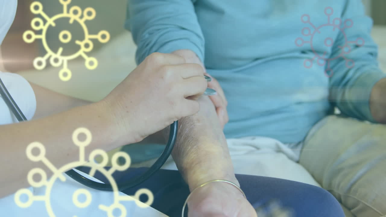 Animazione di cellule Covid-19 su medico e paziente