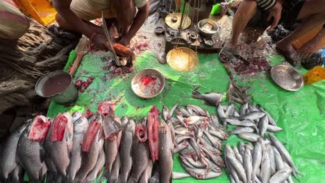 top shot of a fish monger cutting fish and selling it to customer by weighing it in a roadside stall in kolkata, india