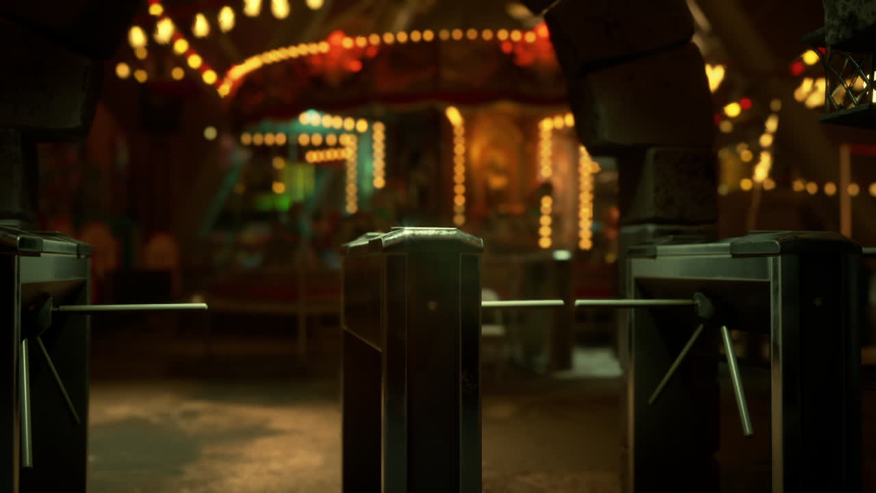 Mysterious empty amusement park at night with dim lights and quiet rides