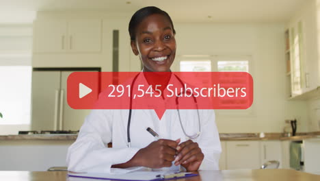 animation of media icon over happy african american female doctor