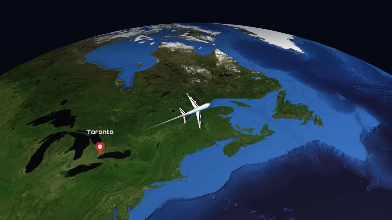 Commercial airplane flies across the Atlantic Ocean from Toronto to London on a 3D globe