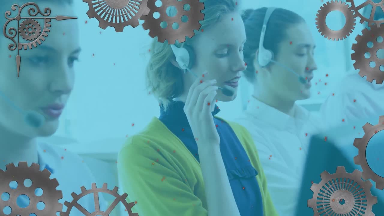 iconos de configuraciones múltiples contra una mujer caucásica ejecutiva de atención al cliente que trabaja en la oficina