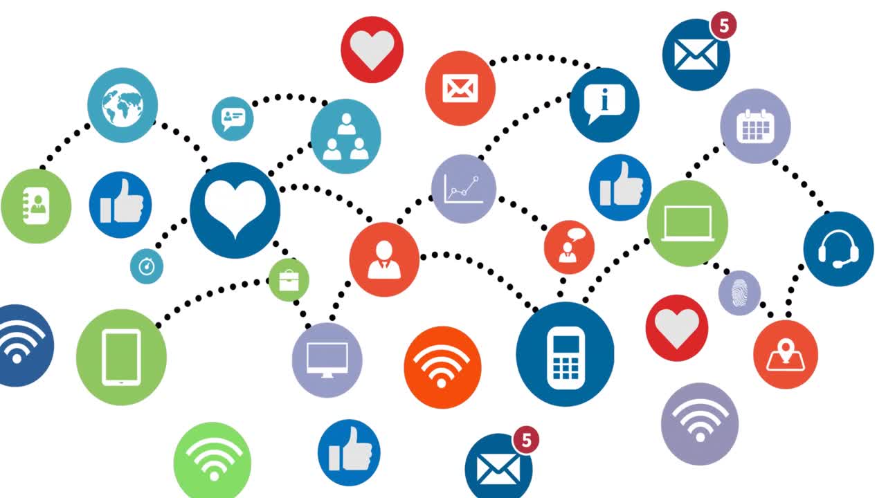 анимация сети соединений с иконками на белом фоне