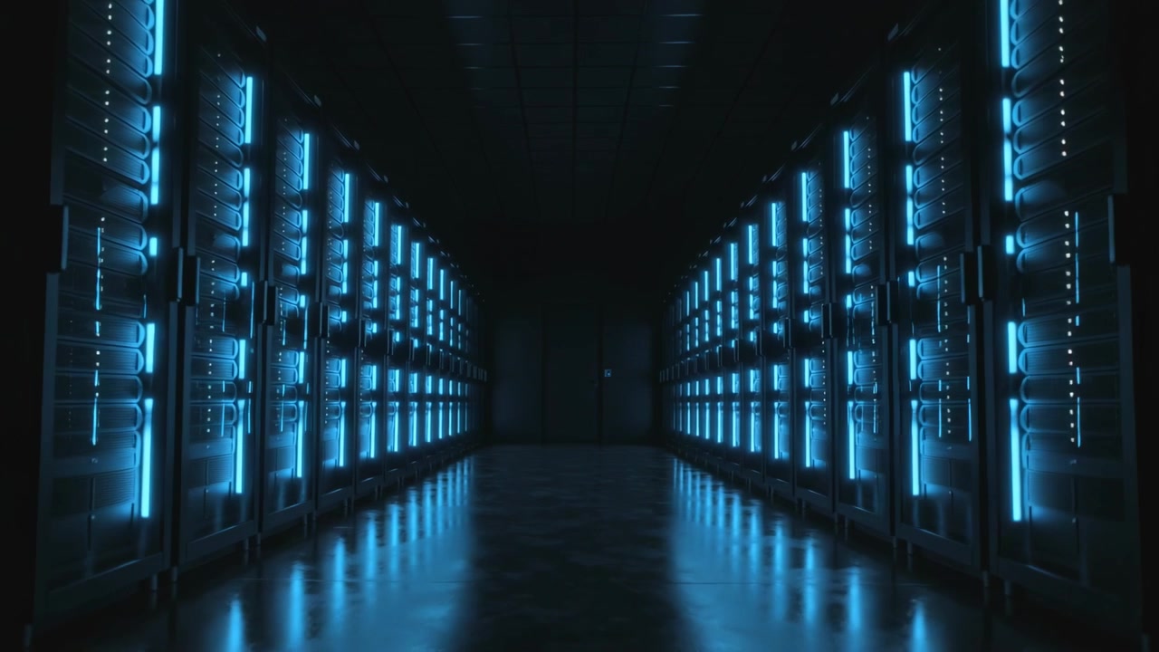 Sporingskamera bevæger sig ned ad den centrale servergang i et datacenter, afslører pulserende LED-strips
