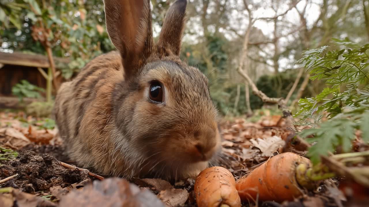 A Curious Brown Rabbit Nestled Among Fresh Carrots in a Lush Garden Setting, Captured in a Serene Moment of Nature's Beauty