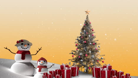 animación de nieve sobre el muñeco de nieve y árbol de navidad decorado y cajas de regalos
