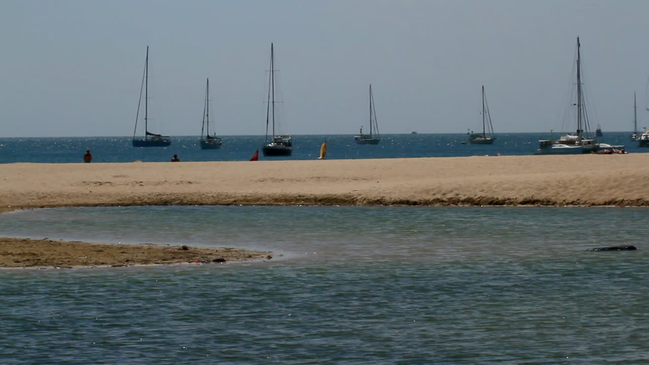 locked wide shot of nai harn beach lagoon in foreground divided by beach sand to the blue ocean with yachts in the background, sunsine and blue sky, tranquil backround with copy space
