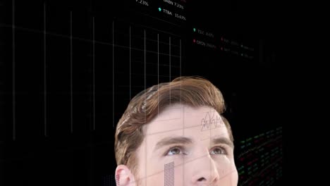 procesamiento de datos del mercado de valores sobre un hombre caucásico reflexivo contra un fondo negro