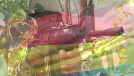 aiming rifle through dense foliage, soldier focused and alert in camouflage gear