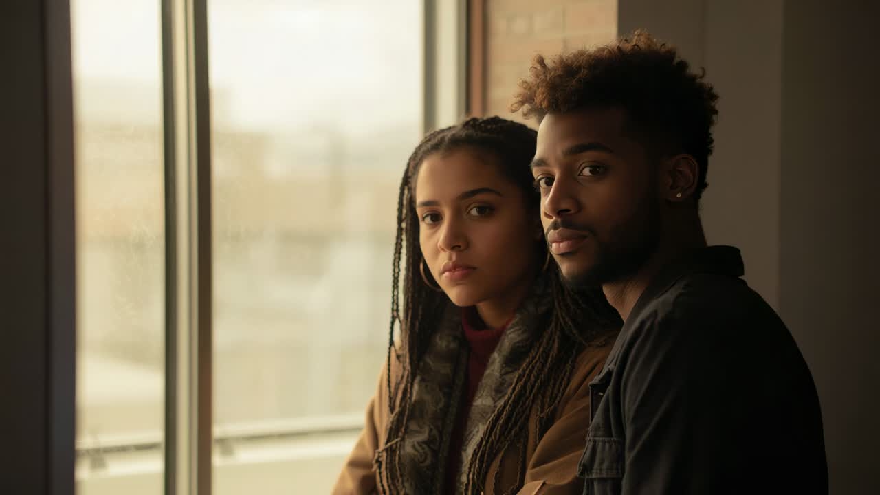 Turning couple shifting heads, warm light drawing gaze out window at loft, showing jackets, railing
