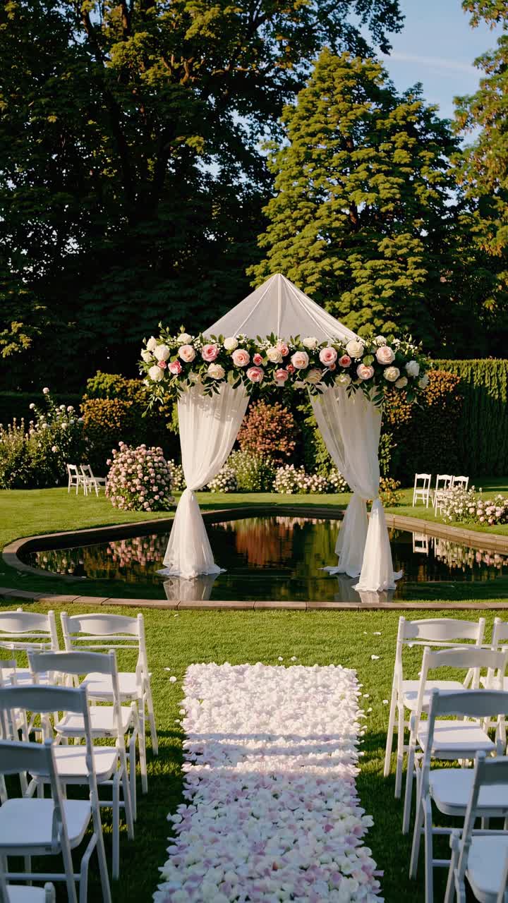 Vista aerea di un romantico allestimento per un matrimonio all'aperto con un arco floreale vicino a un laghetto, perfetto per un'atmosfera da sogno