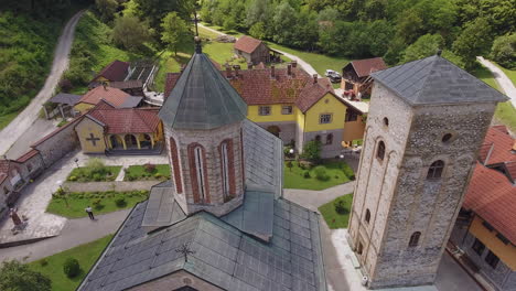 A-top-aerial-view-of-The-Monastery-of-Rača-,-situated-in-the-vicinity-of-Bajina-Bašta,-a-town-in-western-Serbia