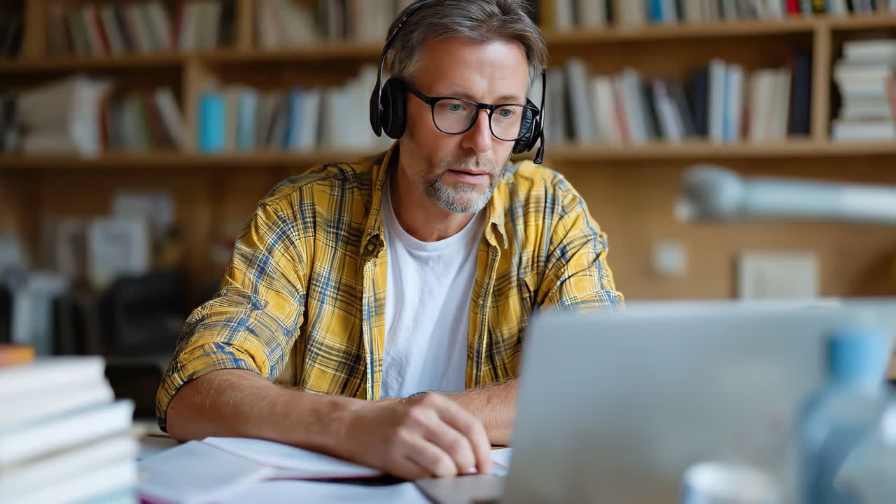Midaldrende mand, der arbejder på bærbar computer derhjemme