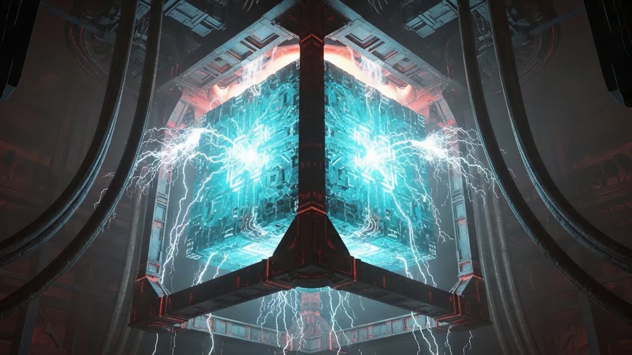 A Mysterious Energy Source: Illuminated Cube Surrounded by Pulsing Lightning in a High-Tech Environment, Emanating Power and Intrigue in a Darkened Setting