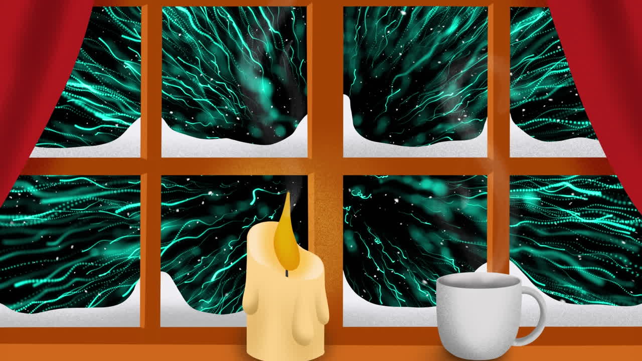 눈이 떨어지고 녹색 불꽃놀이가 폭발하는 애니메이션이 창문을 통해 보입니다.