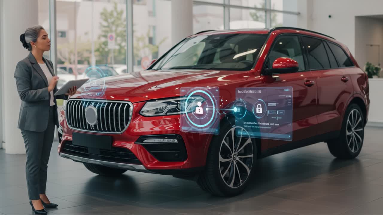 Exploring Advanced Technology in Automotive Sales: A Professional Engaging with a High-Tech Red SUV in a Modern Showroom Environment, Showcasing Innovative Vehicle Features
