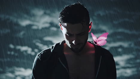 man in rain with pink butterfly