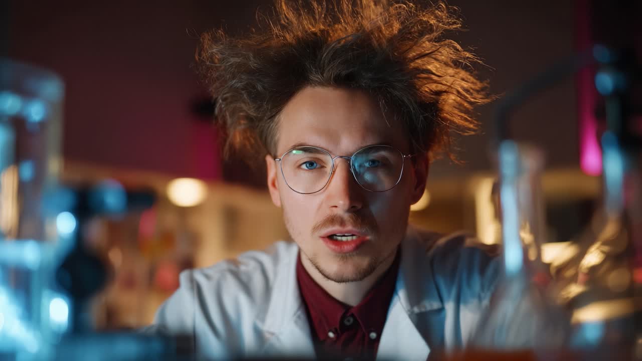 Ilmuwan Ingin Tahu dengan Rambut Acak-acakan Mengamati Eksperimen di Lab Modern dengan Pencahayaan Redup, Bersemangat untuk Penemuan dan Potensi Terobosan dalam Penelitian
