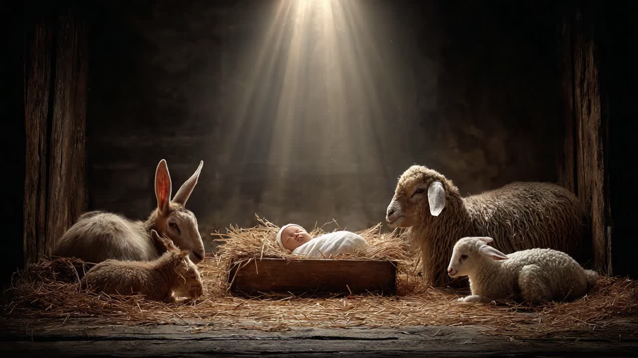 A Tranquil Scene of New Life in a Rustic Environment Featuring Animals Watching Over an Infant in a Cradle Highlighted by Soft, Natural Light