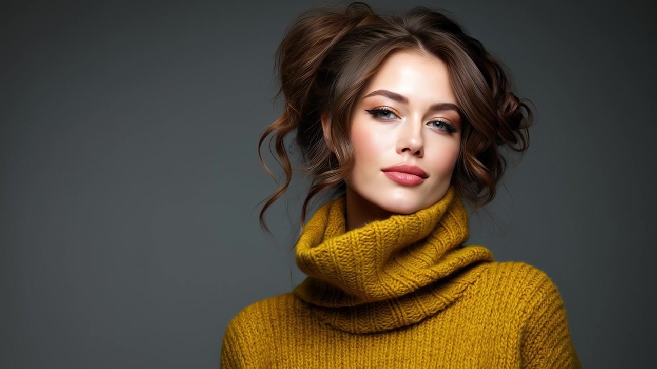Elegant young woman in yellow turtleneck sweater smiling against gray background
