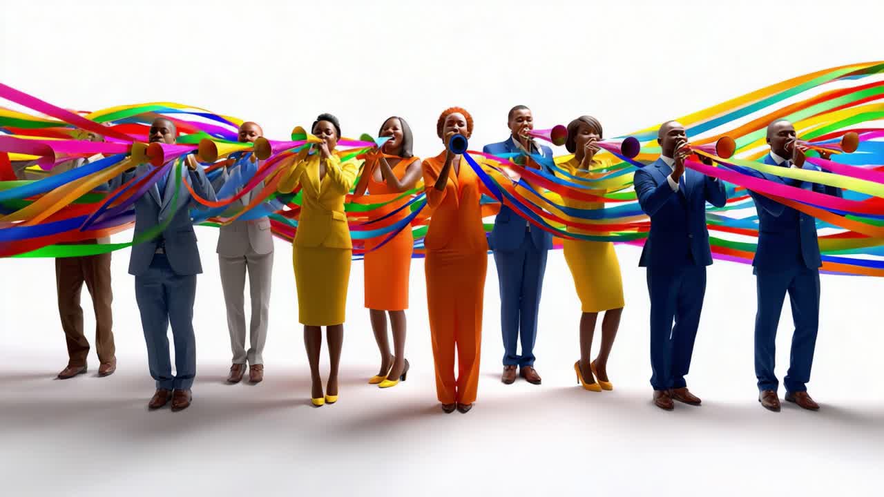 A vibrant celebration featuring a diverse group of individuals enthusiastically playing instruments and adorned in colorful outfits, surrounded by cascading ribbons in a joyous atmosphere