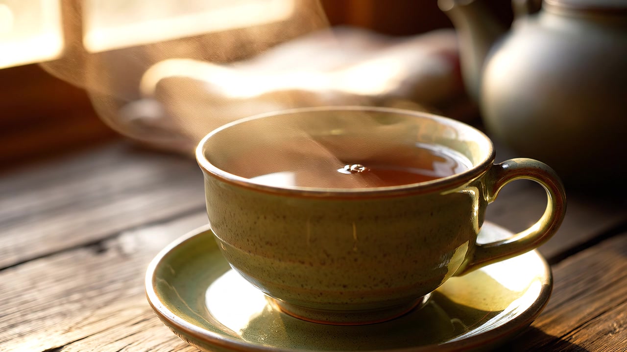 Tazza di tè fumante su tavolo di legno rustico