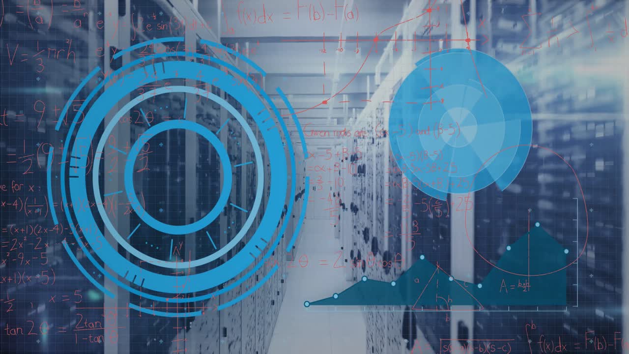 animación de escáner redondo y ecuaciones matemáticas contra la sala de servidores de computadora