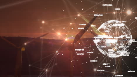 animation of globe of connections with words spinning over wind turbines