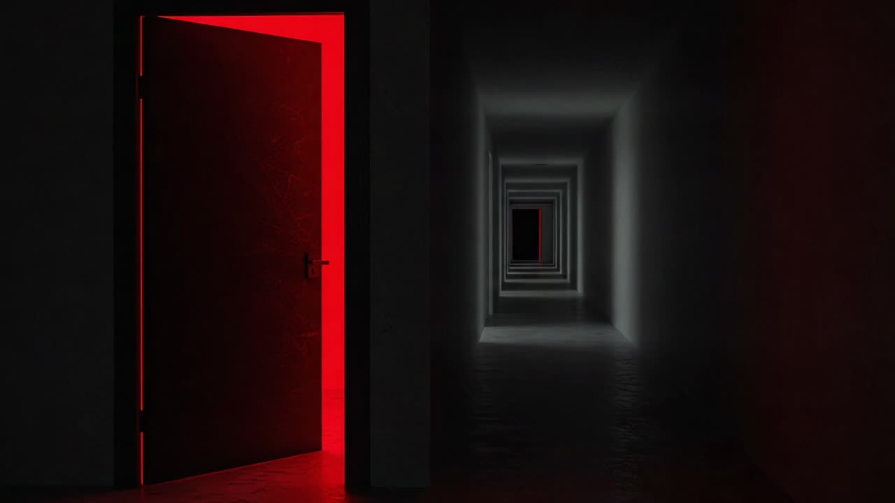 Exploring the Intriguing Aesthetic of an Open Door with Red Lighting Leading Into a Mysterious Corridor, Enhancing the Sense of Depth and Isolation