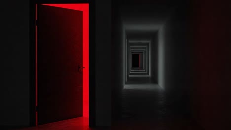 exploring the intriguing aesthetic of an open door with red lighting leading into a mysterious corridor, enhancing the sense of depth and isolation