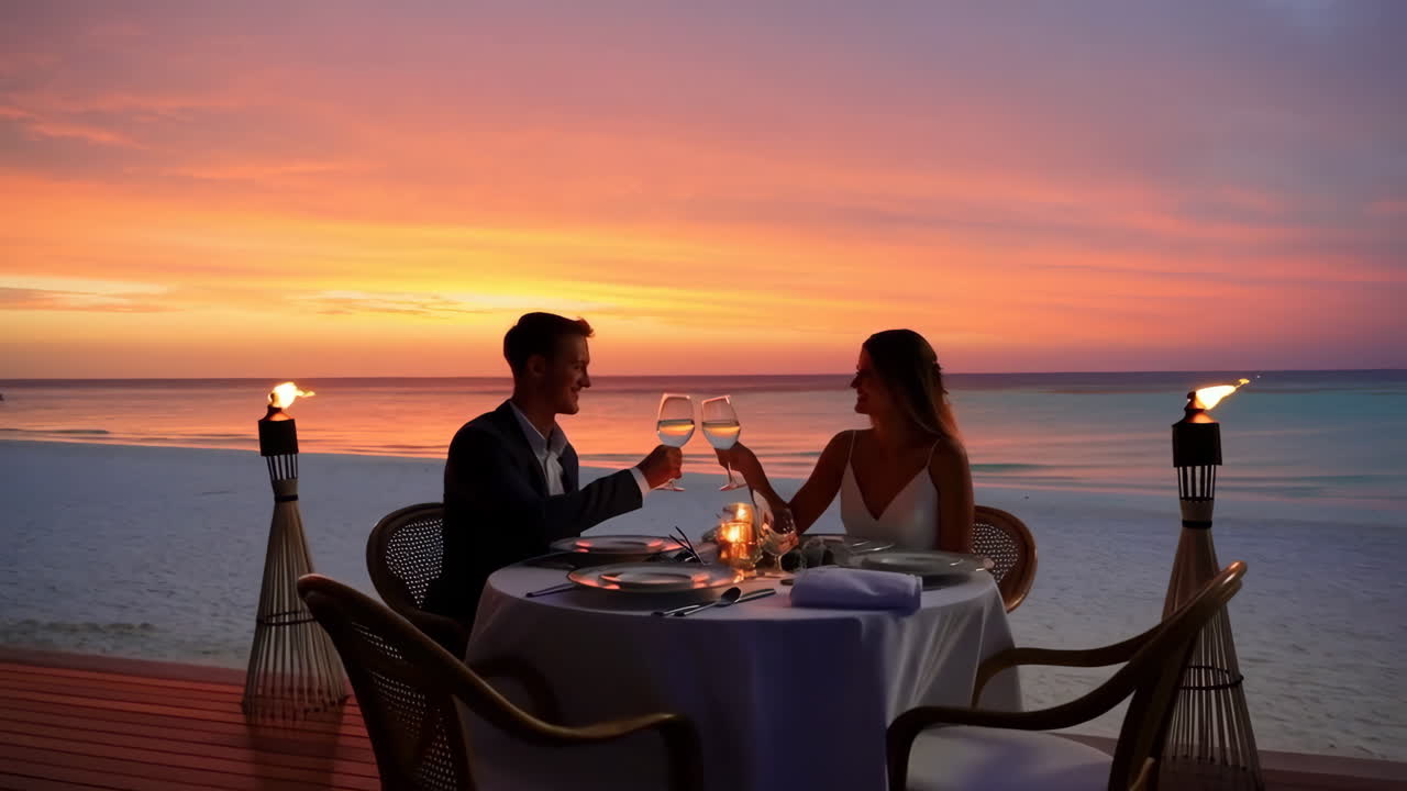 Couple Enjoying a Romantic Sunset Dinner on a Tropical Beach
