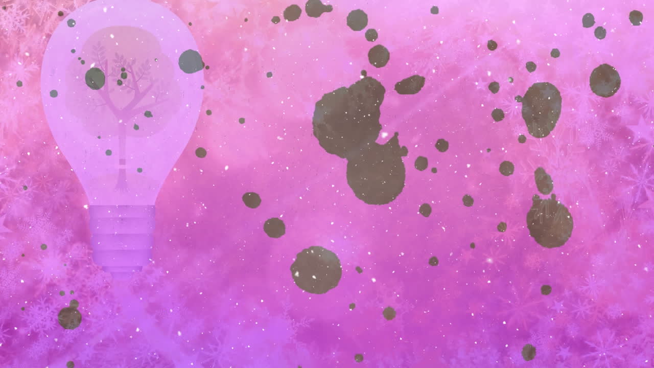 불에 있는 나무의 애니메이션, 눈과 눈송이에 대한 추상적인 패턴과 보케 효과.